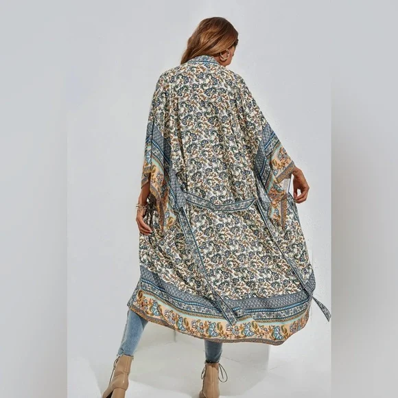 WORLD MARKET Floral Kimono with Blue and Tan Accents - Picture 12 of 17